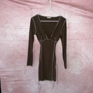 Long sleeve brown/white lace up bodycon dress